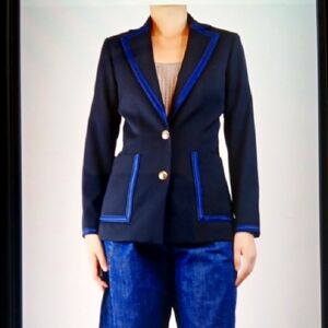 Sandro Blue Blazer with Contrast Trim Old Money Business Preppy Womens 40